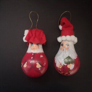 Handmade Mr. & Mrs. Santa Claus Hand Painted on Lightbulbs 4" High Red White